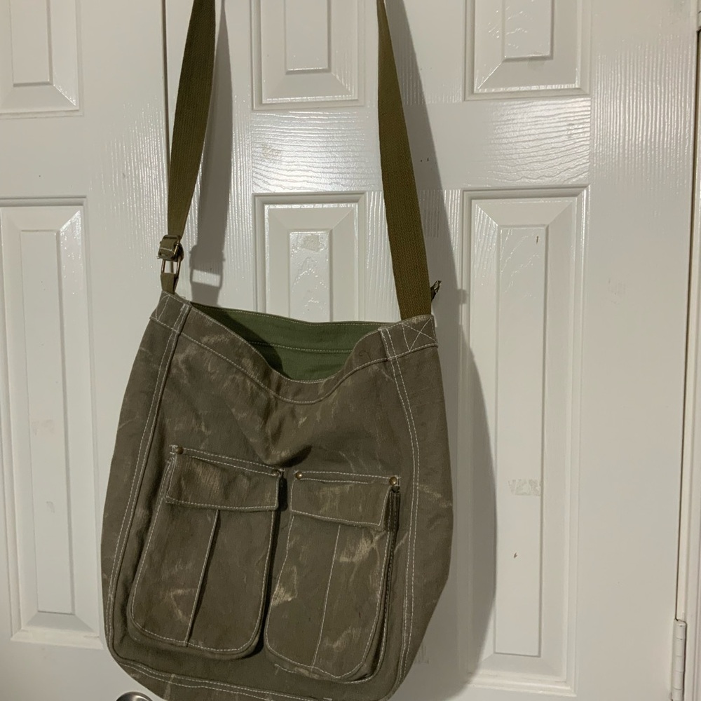 Distress Olive Green Canvas Messenger Bag 100% Cotton
